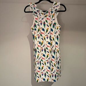 Anthropologie Larke tropical bird parrot dress with ruffle neckline size XS EUC